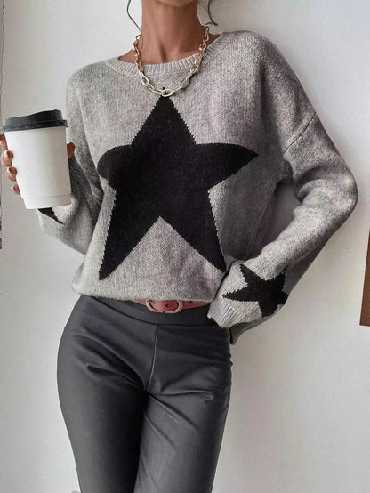 Stern Pullover Pullover Frauen Herbst Frühling Einfache Strick Elastische Pullover Jumper Casual Dicke Warme Schwarz Weiß Grundlegendes Jumper.