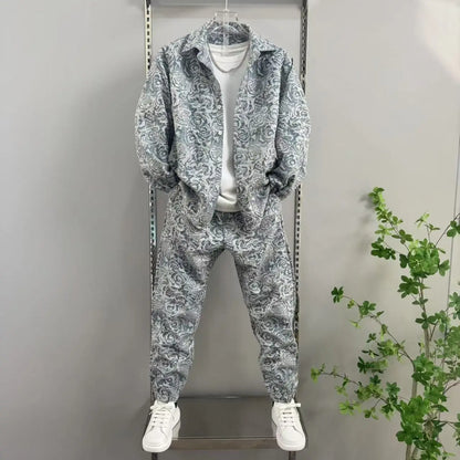 New Spring and Autumn Men's Casual Suit Lapel Jacquard Shirt Trousers Two-piece Set Comfortable Loose.