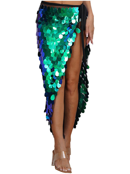 Womens Sequins Dance Skirt Lace-Up Mermaid Hip Scarf Wrap Long Belly Dance Hip Skirt Festival Dance Stage Performance Costumes