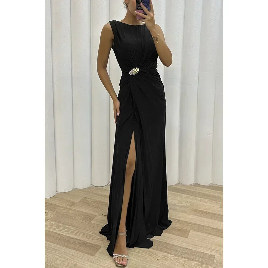 Frauen sexy Kleid neue ärmellose feste Party schlanke Empire Split weibliche elegante Rundhals Mode lange Kleidung