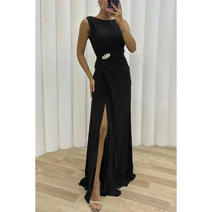 Frauen sexy Kleid neue ärmellose feste Party schlanke Empire Split weibliche elegante Rundhals Mode lange Kleidung
