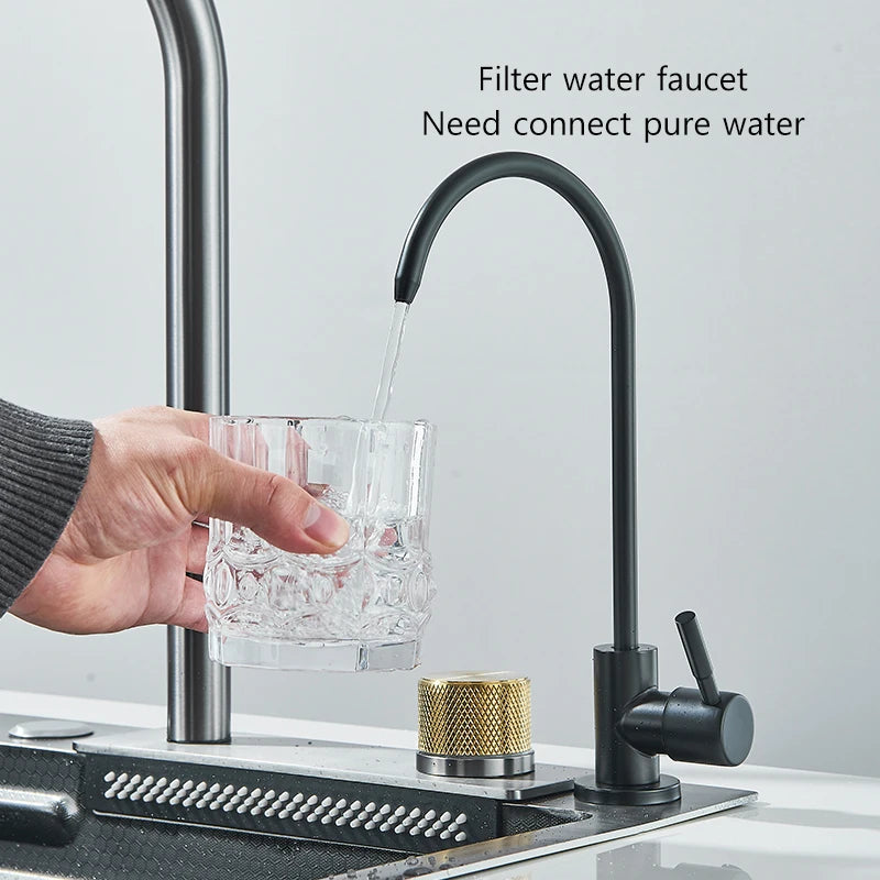 Wasserfall-Küchenspüle aus Edelstahl 304, groß, Einzelschlitz, integriert, 60 x 45 cm, Wasserhahn-Set, Tassenwascher, 3-Wege-ausziehbarer Sprühkopf