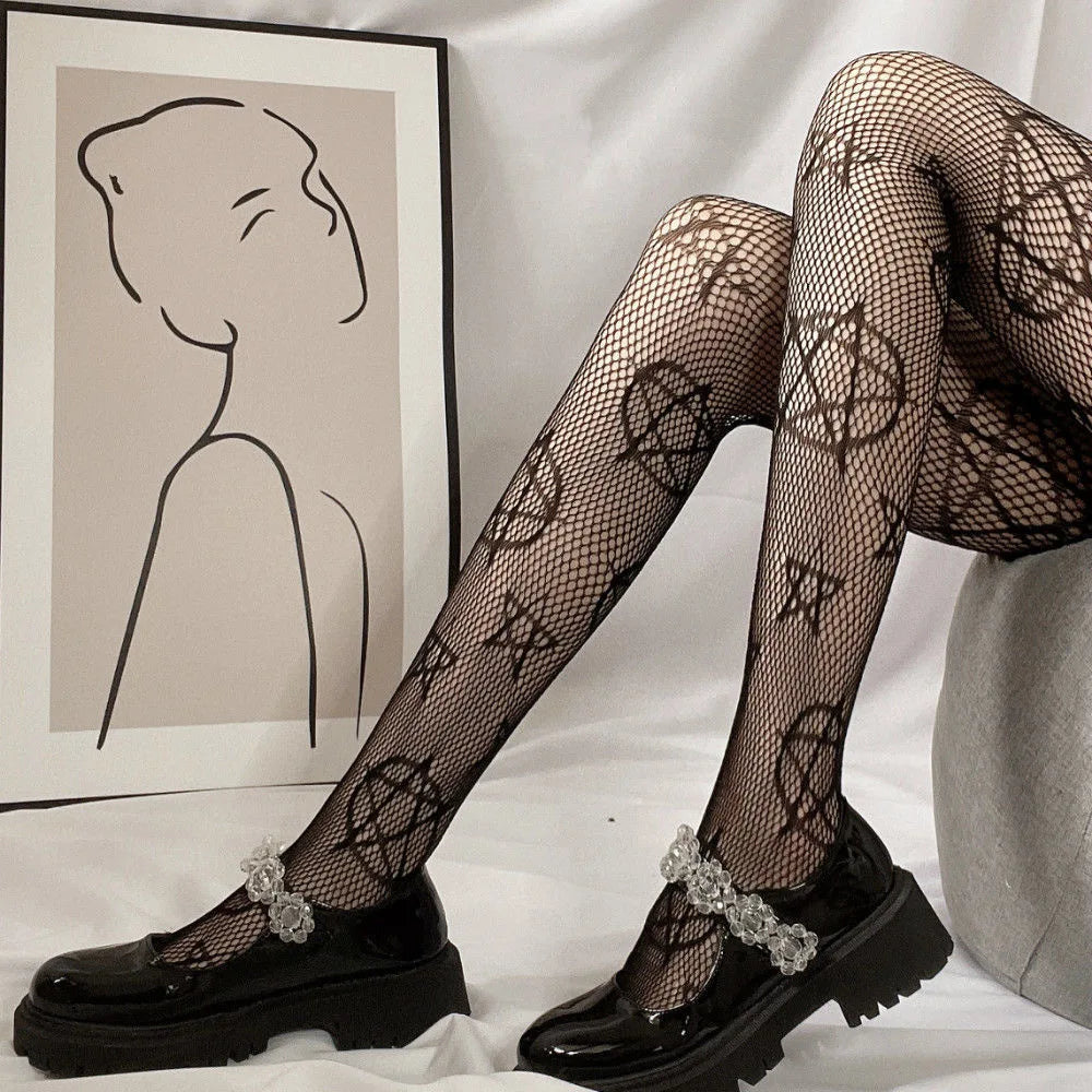Female Vintage Fishnet Lace Pattern Tights Hollowed Rhombus Striped Geometric Jacquard Pantyhose Anti-pilling JK woman Legging
