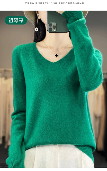 Women 100% Merino Wool Sweater V-Neck Basic Pullover Autumn Winter Cashmere Clothing Long Sleeve Soft Knitwear Tops Solid Color