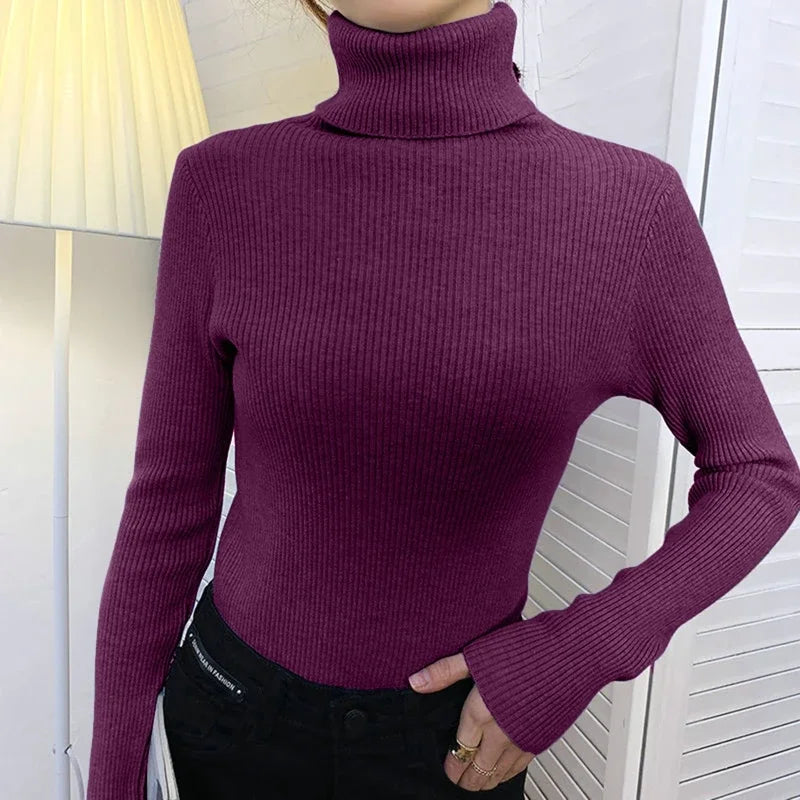 Frauen einfarbig lange Ärmel Roll kragen pullover Strick pullover grundlegende weiche Pullover einfache elegante Mode neu