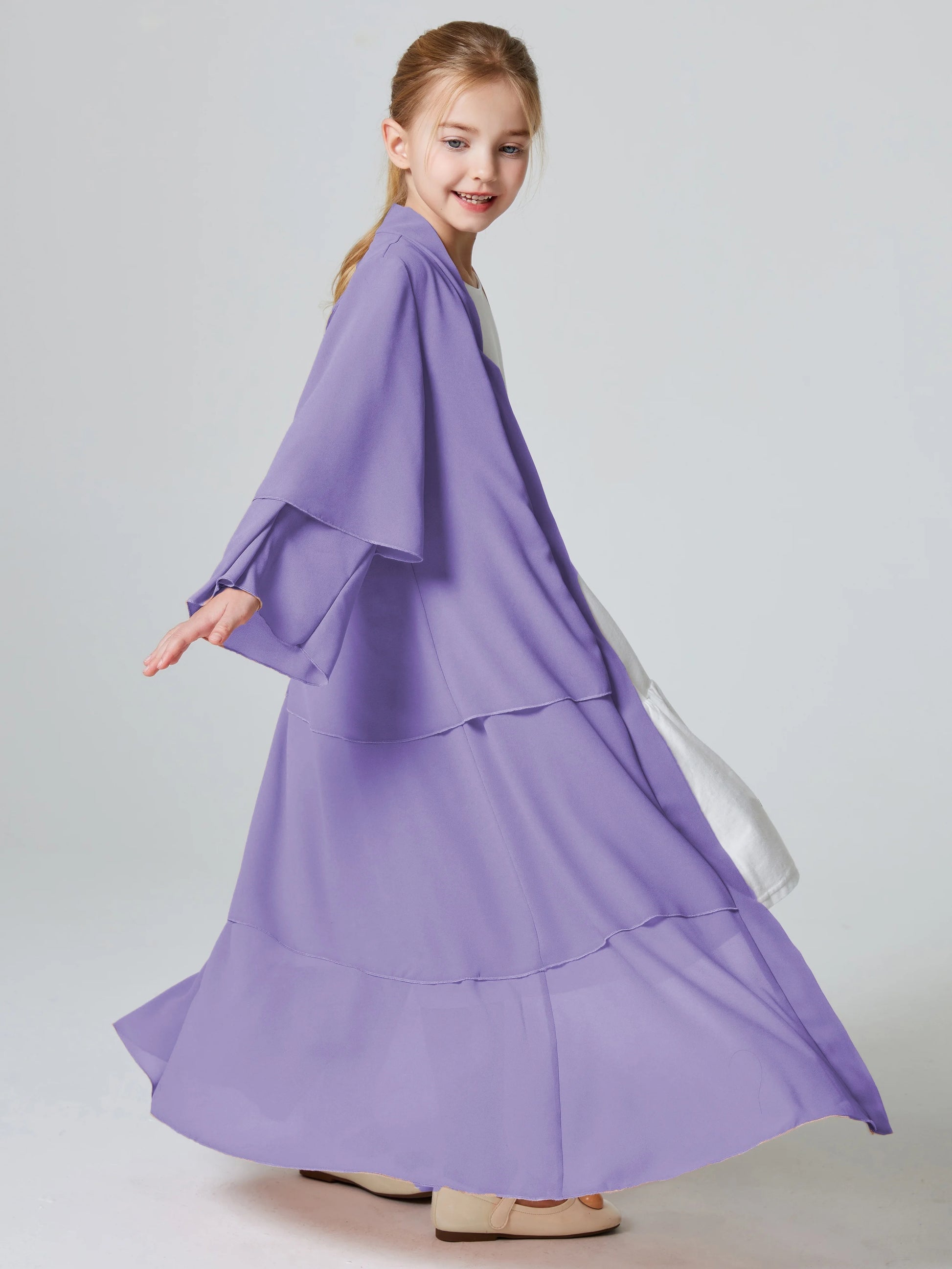 Ramadan Kebaya Muslim Girls Abaya 3 Layered Chiffon Kids Abaya Dress Open Front   Outerwear (Without Hijab).