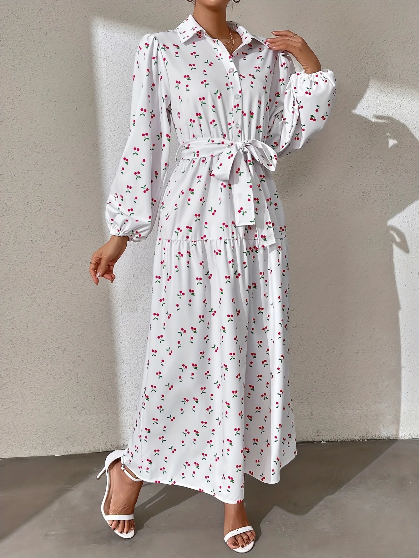 Ramadan Abaya Floral Print Button Front Dress, Casual Lantern Sleeve Dress For Spring & Fall, Women's Clothing Kebaya Kaftan.