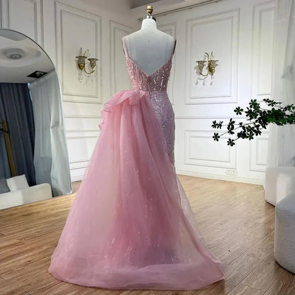 SERENE HILL Maßgeschneiderte 2025, türkisfarbene Spaghettiträger, luxuriöse Perlen-Abendkleider, Meerjungfrau, Schlitz, Überrock, Party, GLA 72378