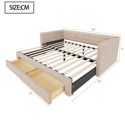 3-in-1 ausziehbares Schlafsofa 90 x 190 cm, Multifunktionsbett mit Schubladen, Einzel-/Doppelbett, Baumwolle und Leinen (Matratze nicht im Lieferumfang enthalten)