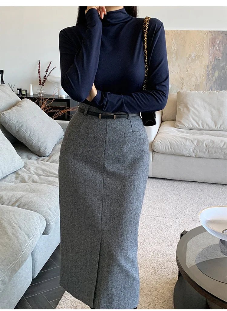 Gray Pencil Skirts Belted Elegant Women Slim Office Ladies Casual A-Line High Waist Split Midi Skirt Autumn Winter.