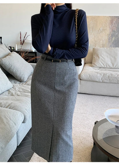 Gray Pencil Skirts Belted Elegant Women Slim Office Ladies Casual A-Line High Waist Split Midi Skirt Autumn Winter.