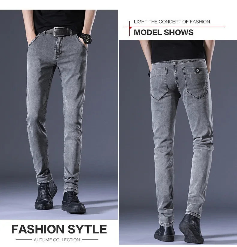 Slim Fit Men's Jeans Casual Elastic Korean Style Autumn Grey Trendy Long Pants Versatile Slim Legged Casual Trousers.