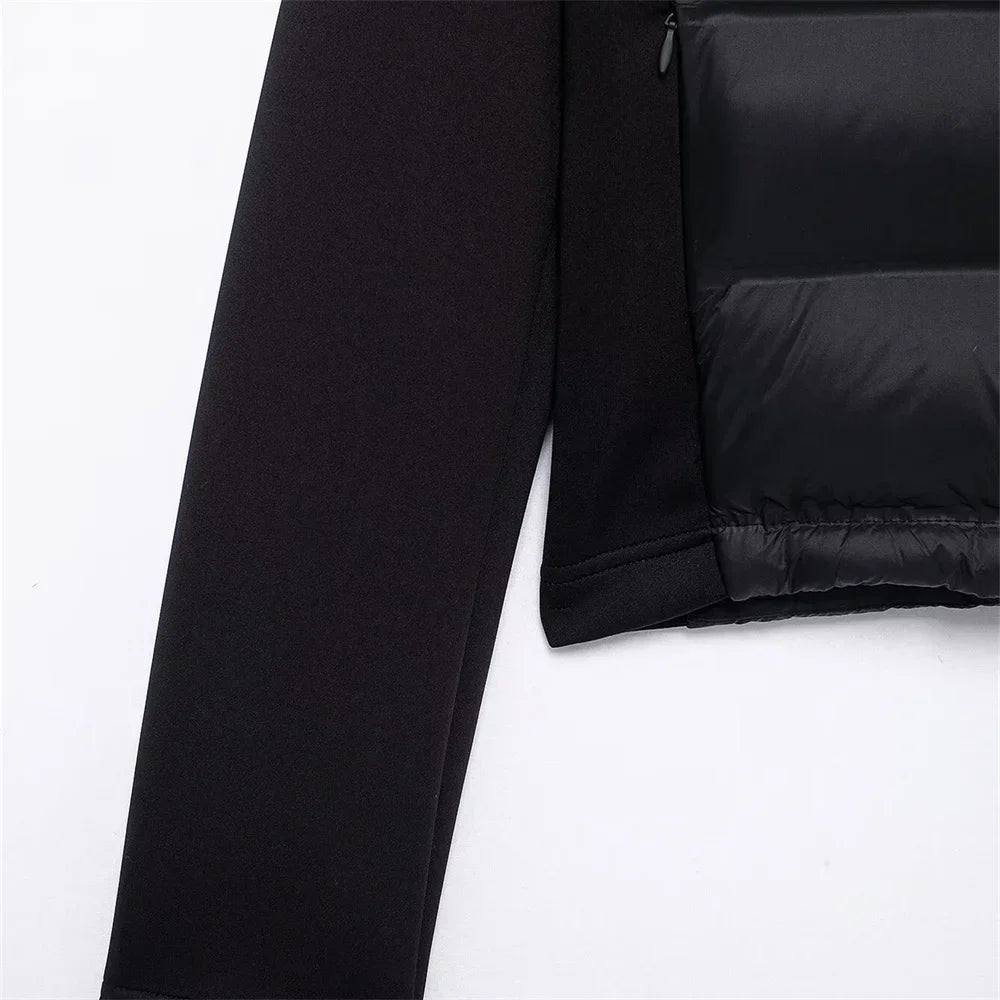 ZBZA Damenmode mit Kapuze, Neopren-Effekt, gespleißter, wattierter Jacke, hoher Kragen, lange Ärmel, verstellbare Kapuze, lässig, schmale Passform, warmer Mantel, Herbst/Winter, neue schicke Damen-Oberbekleidung.