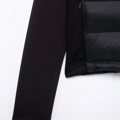 ZBZA Damenmode mit Kapuze, Neopren-Effekt, gespleißter, wattierter Jacke, hoher Kragen, lange Ärmel, verstellbare Kapuze, lässig, schmale Passform, warmer Mantel, Herbst/Winter, neue schicke Damen-Oberbekleidung.