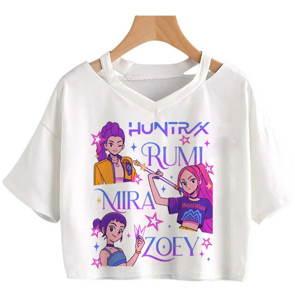 Kpop Demon Hunters Girls O-Neck Casual Women Summer Shirts Crop T-shirt.