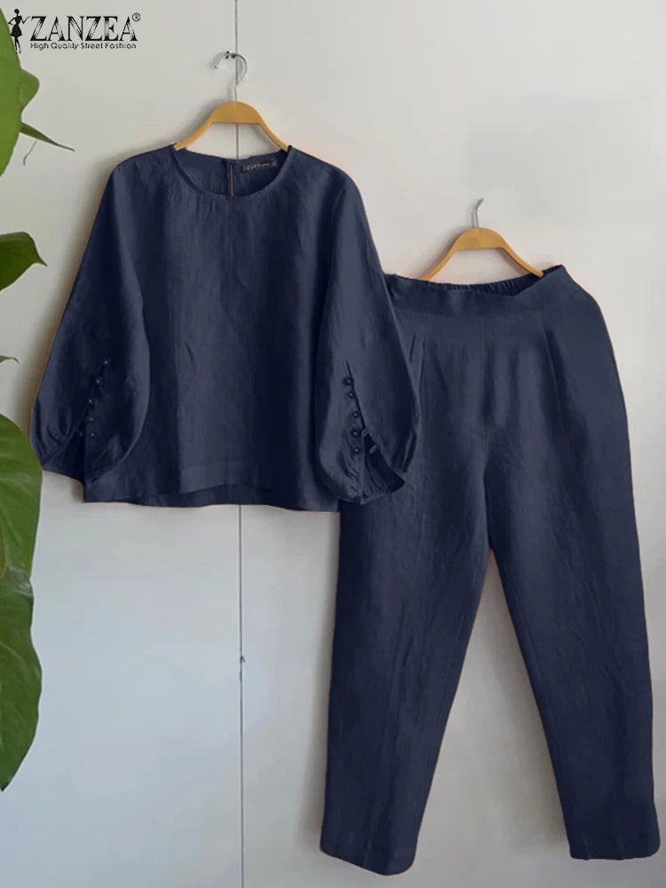 Fashion Women Two Piece Outfit ZANZEA Long Sleeve Top 2025 Autumn Casual High Waist Long Pants Sets Solid 2PCS Suits Tracksuit.