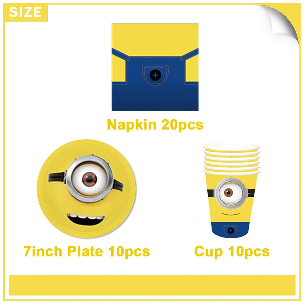 Cartoon M & Minions Geburtstag Party Dekoration Einweg Geschirr Tasse Teller Tischdecke Luftballons Gelb Große Augen Hintergrund Banner