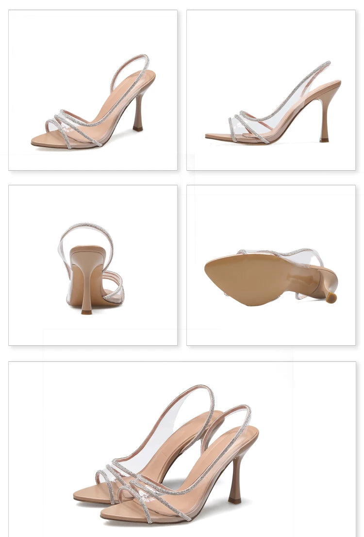 Women Summer Rhinestone Slingback Pumps Office Lady Transparent Heeled Sandals Elegant Pointed Toe Female Sexy High Heels.