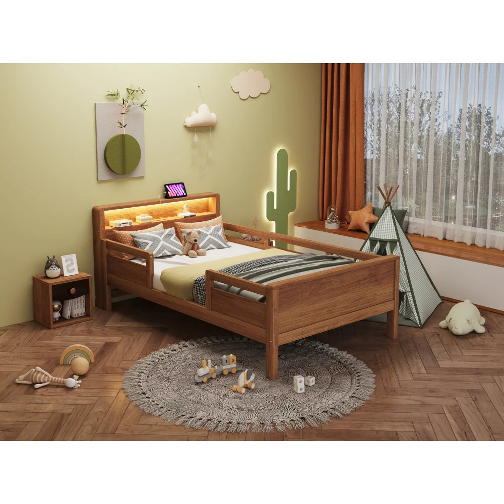 Multifunktions-Holzbett, USB- und Tape-C-Kombinationssteckdose, kleines LED-Licht, Kopfteil mit Einlagerfunktion, Einzelbett