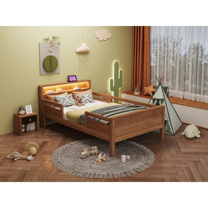 Multifunktions-Holzbett, USB- und Tape-C-Kombinationssteckdose, kleines LED-Licht, Kopfteil mit Einlagerfunktion, Einzelbett