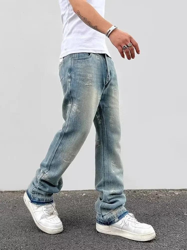 Loose Men's Straight Leg Jeans Casual High Street American Style Torn Frayed Hem Wide Leg Pants Trendy Casual Denim Trousers.