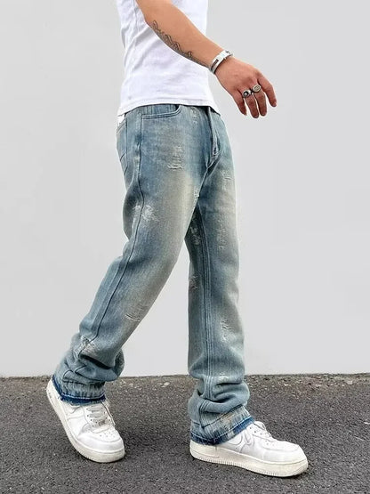Loose Men's Straight Leg Jeans Casual High Street American Style Torn Frayed Hem Wide Leg Pants Trendy Casual Denim Trousers.