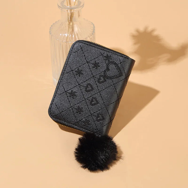 Women Fashion Zipper Wallet with Hairballs Simple Versatile Short Coin Purse Multi-Functional Multi-Card Slot Card Bag.