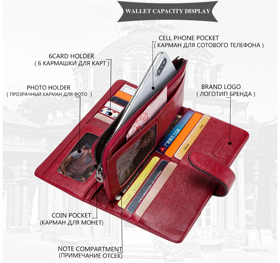 Contact's 100% Genuine Leather Wallet Women Long Coin Purse Hasp Design Clutch Bags Name Engraving Card Holder Wallets Cartera.