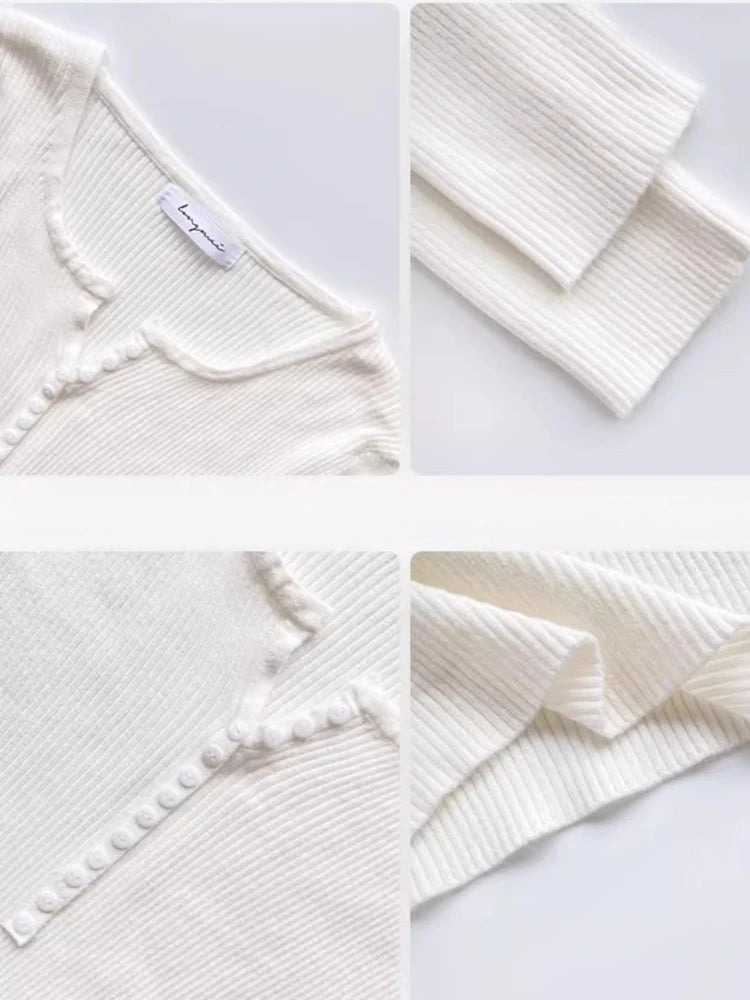 2025 frauen Solide Strick Pullover Herbst Winter Pullover V-ausschnitt Taste Langarm Schlank Pullover Koreanische Casual Basis Schicht Y2k.