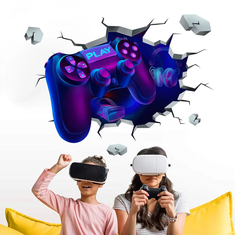 Larger Game Poster 3D Wall Hole Art Cool Gamer Zone Gamepad Vinyl Mural Stickers Home Decoration for Kids Bedroom Gaming Rooms.