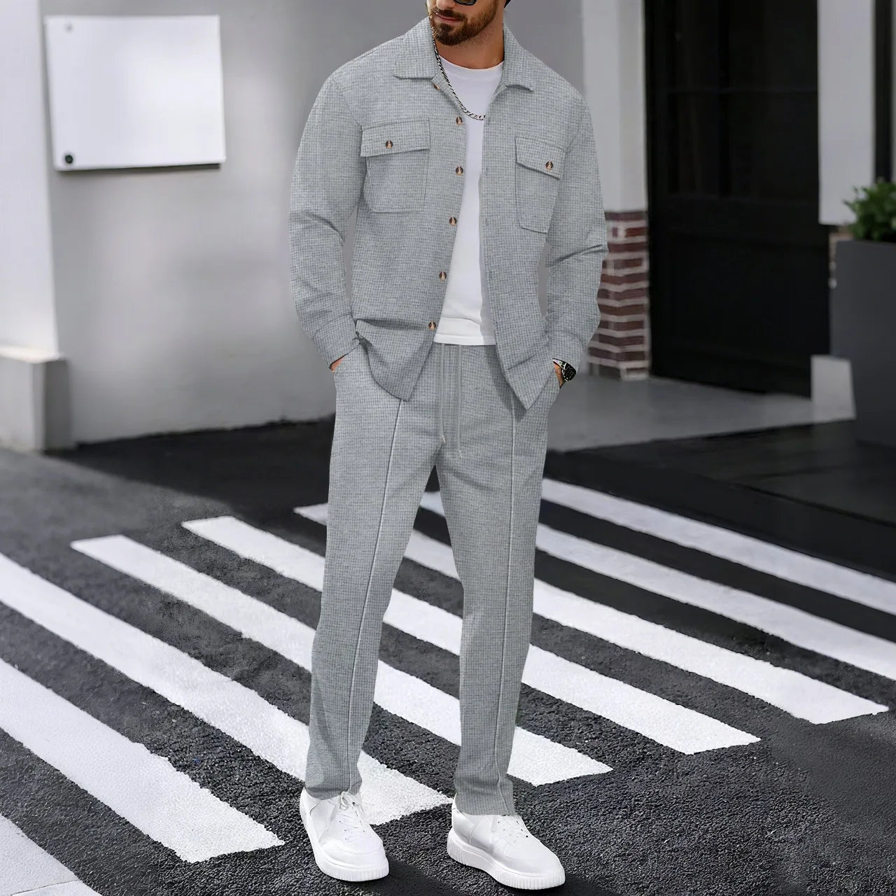 2025 Men's Autumn Casual Street Sport Two-Piece Fashion Solid Color Double-Pocket Collar Buttoned Long-Sleeved Shirt + Pants Set.