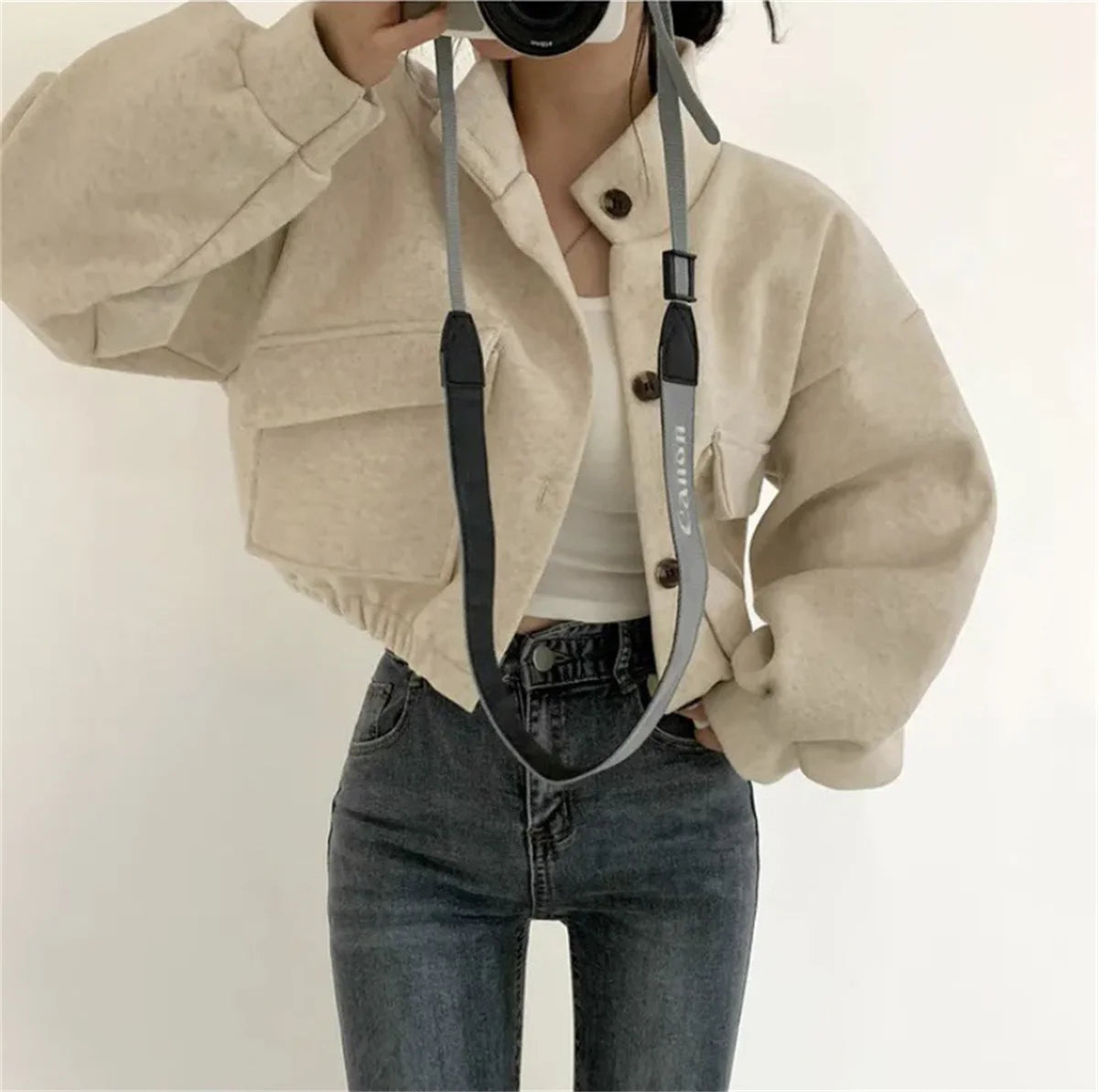 Korean Fashion Herbst Winter Mantel Frauen Neue In Stehen Neck Feste Taste Lose Jacke Dame Casual Straße Outwear Vintage Kleidung.