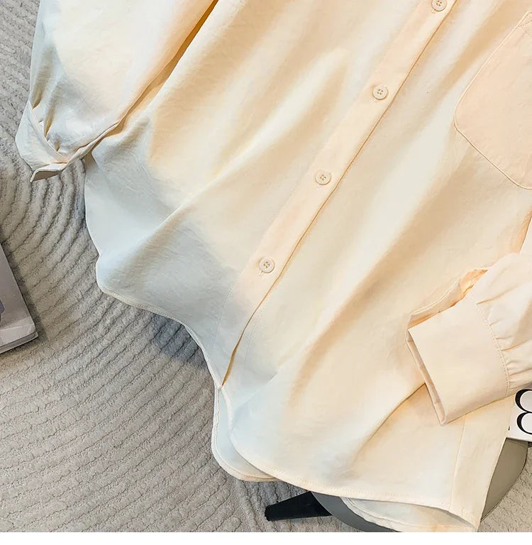 Plus Size Women's Blouses 2025 Spring Autumn Simple Lady Shirts Long Sleeve Big Pockets Shirt Loose Casual Tops.