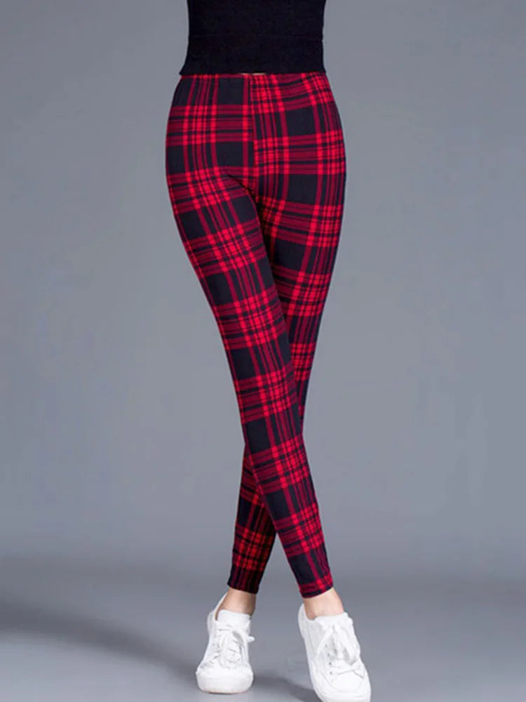 CUHAKCI Mode Plaid Druck Leggings Frauen Sexy Fitness Leggins Grid Floral Streifen Hosen Hohe Taille Bleistift Hosen