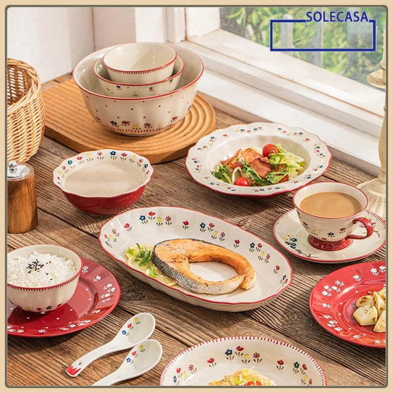SOLECASA Pastoral Style Ceramic Tableware Soup Bowl Salad Bowl Dish Pasta Dessert Plates Dinnerware Dinnerware Table Decoration.