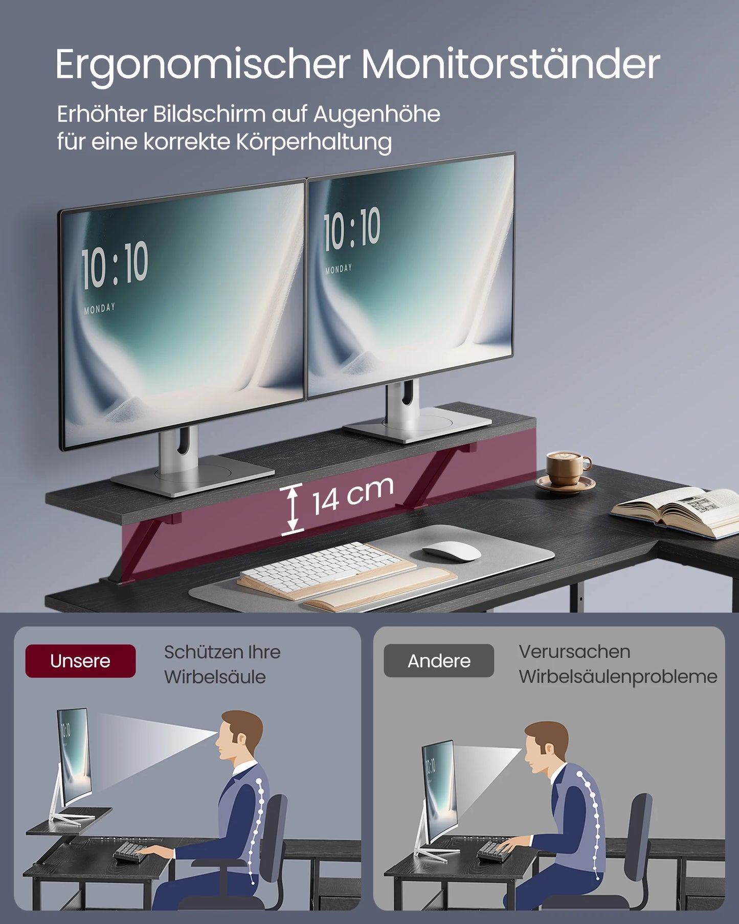 VASAGLE L-förmiger Schreibtisch, 2 geräumige Schubladen, Computertisch mit Monitorständer, Eckschreibtisch