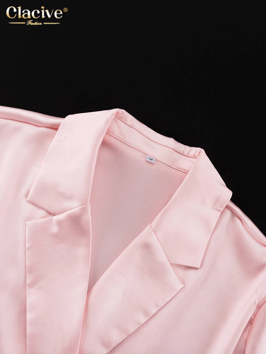 Clacive Fashion Loose Pink Satin Pants Sets For Women 2 Pieces Elegant Long Sleeve Shirt With High Waist Wide Trousers Suits.