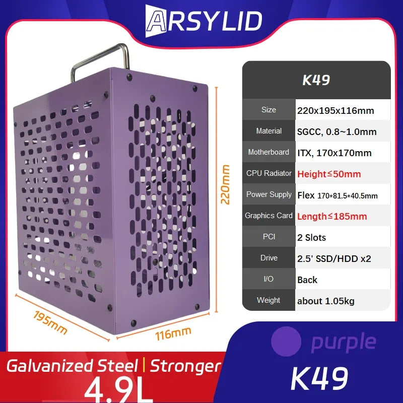 ARSYLID K49 ITX A4 Computer Case 4.9L 185mm Graphics Card Flex PSU 50mm Radiator Mini PC Chassis.