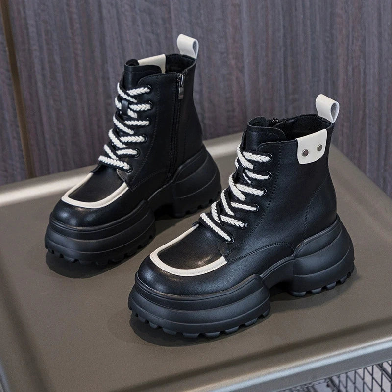 WOIZGIC Women Ladies Mother Genuine Leather Ankle Boots Shoes Lace Up Increase Inside British Style Autumn Winter Plush Fur Warm.