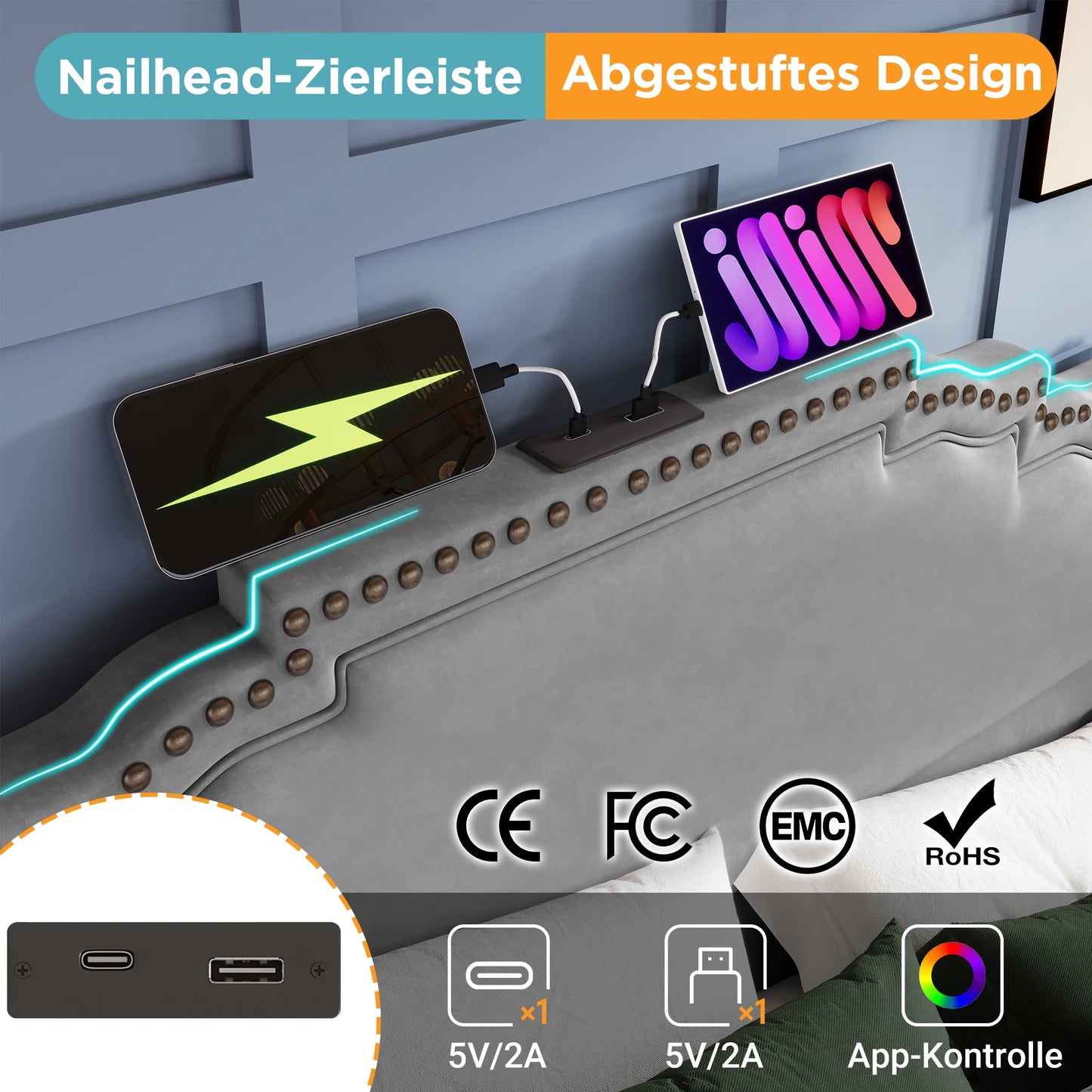 KOMHTOM Doppelbett Samt, Hydraulischer Stauraum, LED-Beleuchtung, USB-C-Ladeanschluss, ohne Matratze