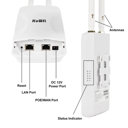 KuWFi 1200Mbps Outdoor Access Point Wireless WiFi Extender Dual Band 2.4G/5GHz AC1200 AP Router with High Gain External Antenna.