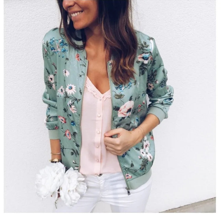 Women Elegant Zipper Bomber Jacket Spring Autumn Floral Printed Jackets Office Wear Slim Office Coat Retro Outwear.