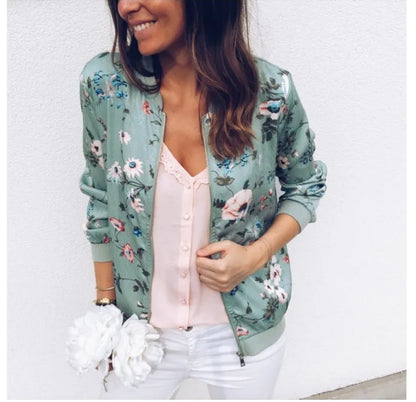 Women Elegant Zipper Bomber Jacket Spring Autumn Floral Printed Jackets Office Wear Slim Office Coat Retro Outwear.