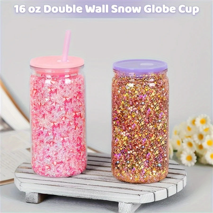 16OZ DIY Snowglobe Tumbler with Pre Drilled Hole Reusable Plastic Water Bottles Break-Resistant Mason Jar Cups for Holiday Gifts.