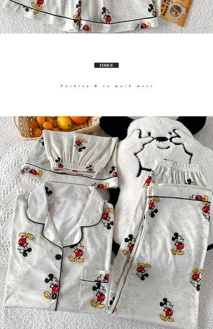3Pcs Mickey Mouse Pajama Set Women's Summer Short-Sleeved Cute Sleepwear Autumn Student Home Clothes Three-Piece Set Nightgown.