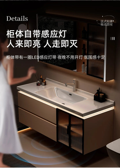 Cremefarbener Wind-Badezimmerschrank, integriertes Waschbecken aus Keramik, WC-Waschbecken-Kombination