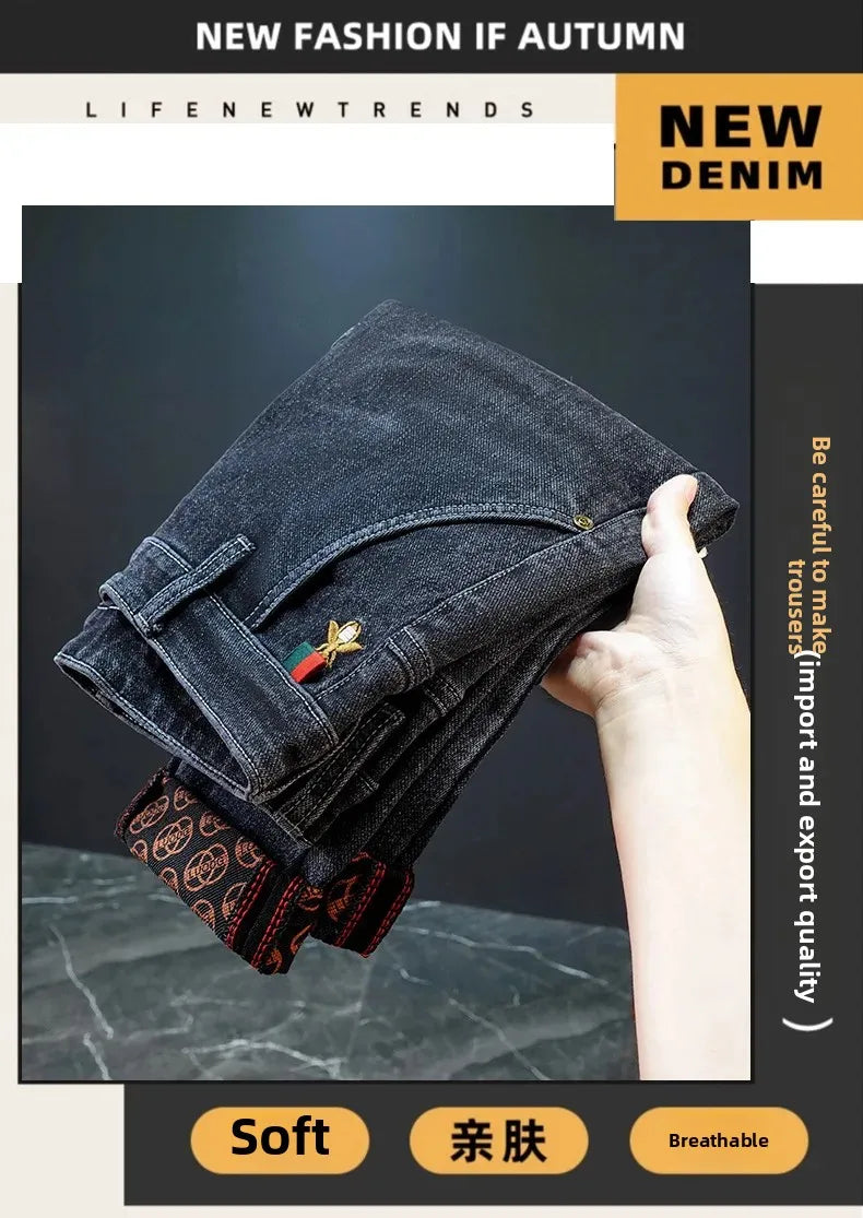 Gestickte Slim-Fit-Jeans mit geradem Bein, High-End-Freizeithose für Herren, durchgehender Bodendruck, dehnbar, trendige Marken-Freizeitjeans.
