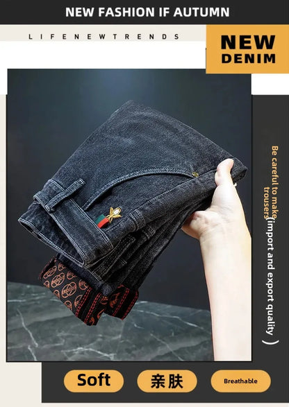 Gestickte Slim-Fit-Jeans mit geradem Bein, High-End-Freizeithose für Herren, durchgehender Bodendruck, dehnbar, trendige Marken-Freizeitjeans.