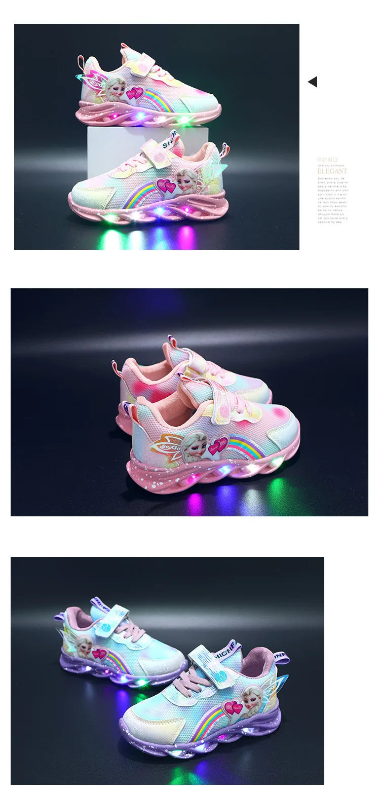 Disney Casual Sneakers LED Lighted For Spring Girls Frozen Elsa Princess Rainbow Outdoor Children Non-slip Pink Purple Shoes.