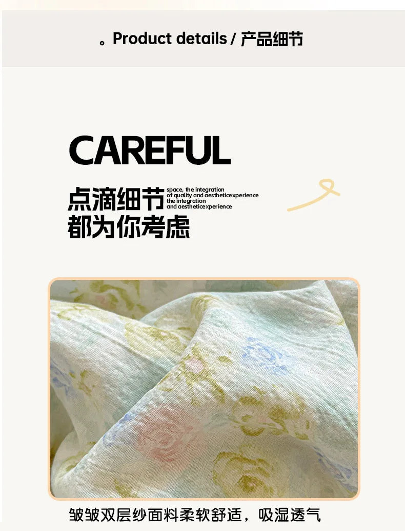 2025 new small fresh printing French lace lace double four-piece set bedding wrinkled yarn student three-piece set.